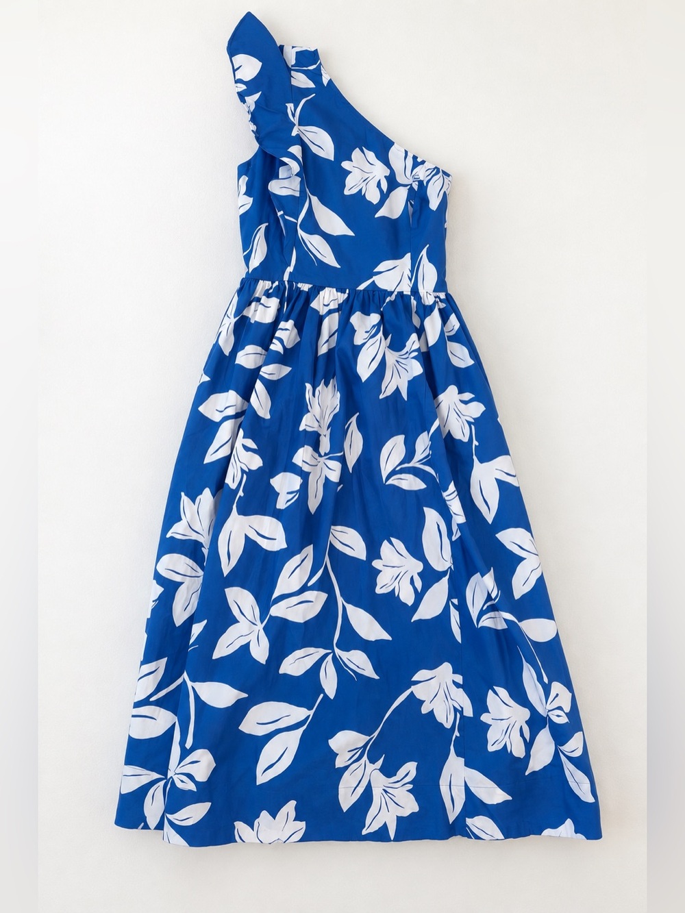 J. Crew Blue and White One-Shoulder Midi Dress